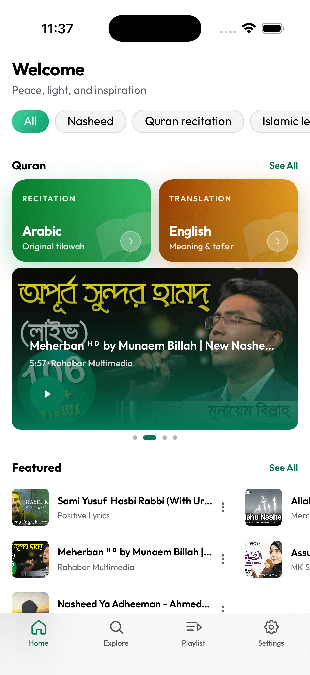SafaPlayer home screen with trending videos and music